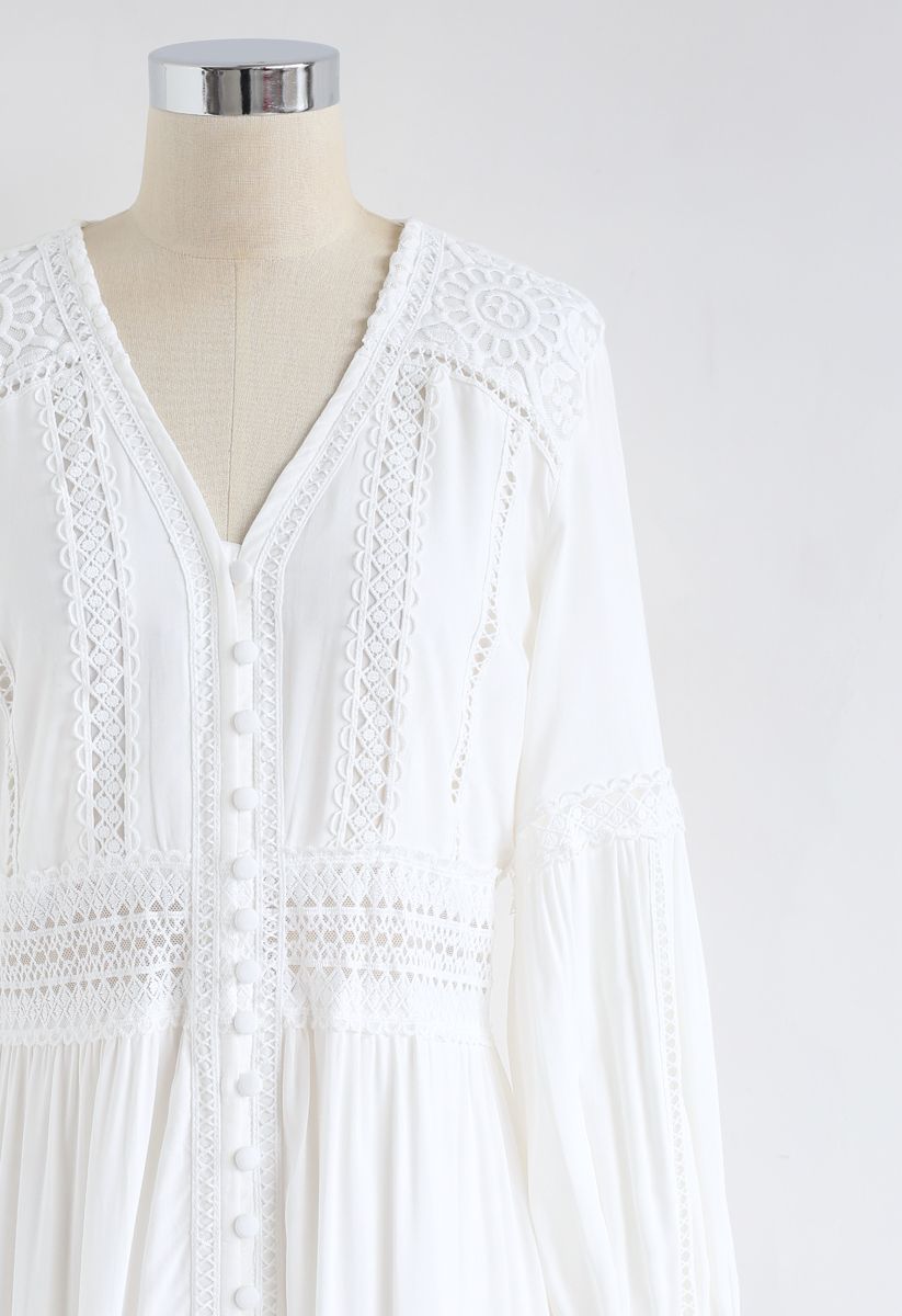 Button Down Crochet Embroidered Boho Maxi Dress in White