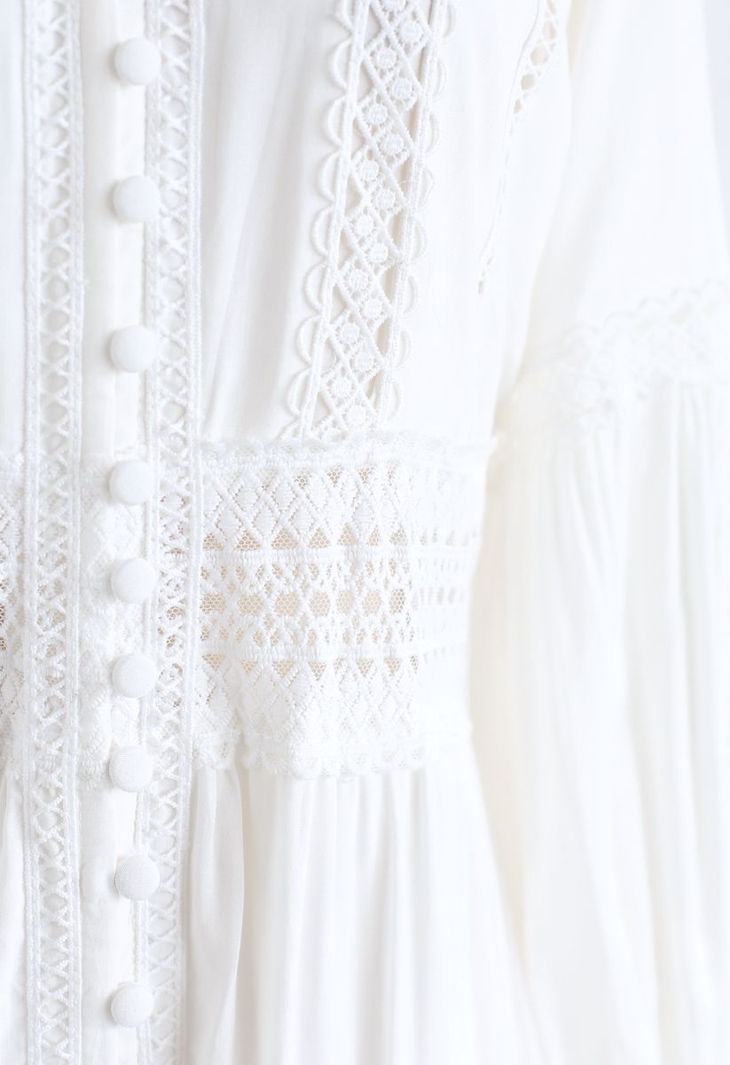 Button Down Crochet Embroidered Boho Maxi Dress in White