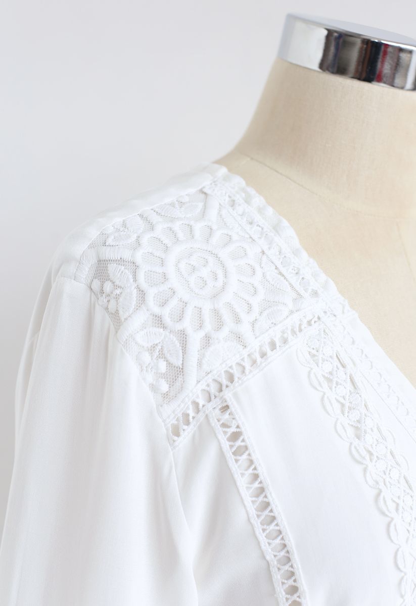 Button Down Crochet Embroidered Boho Maxi Dress in White