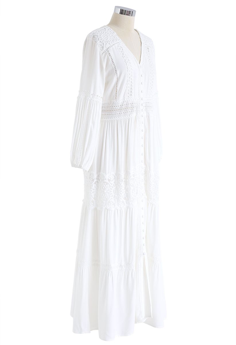 Button Down Crochet Embroidered Boho Maxi Dress in White