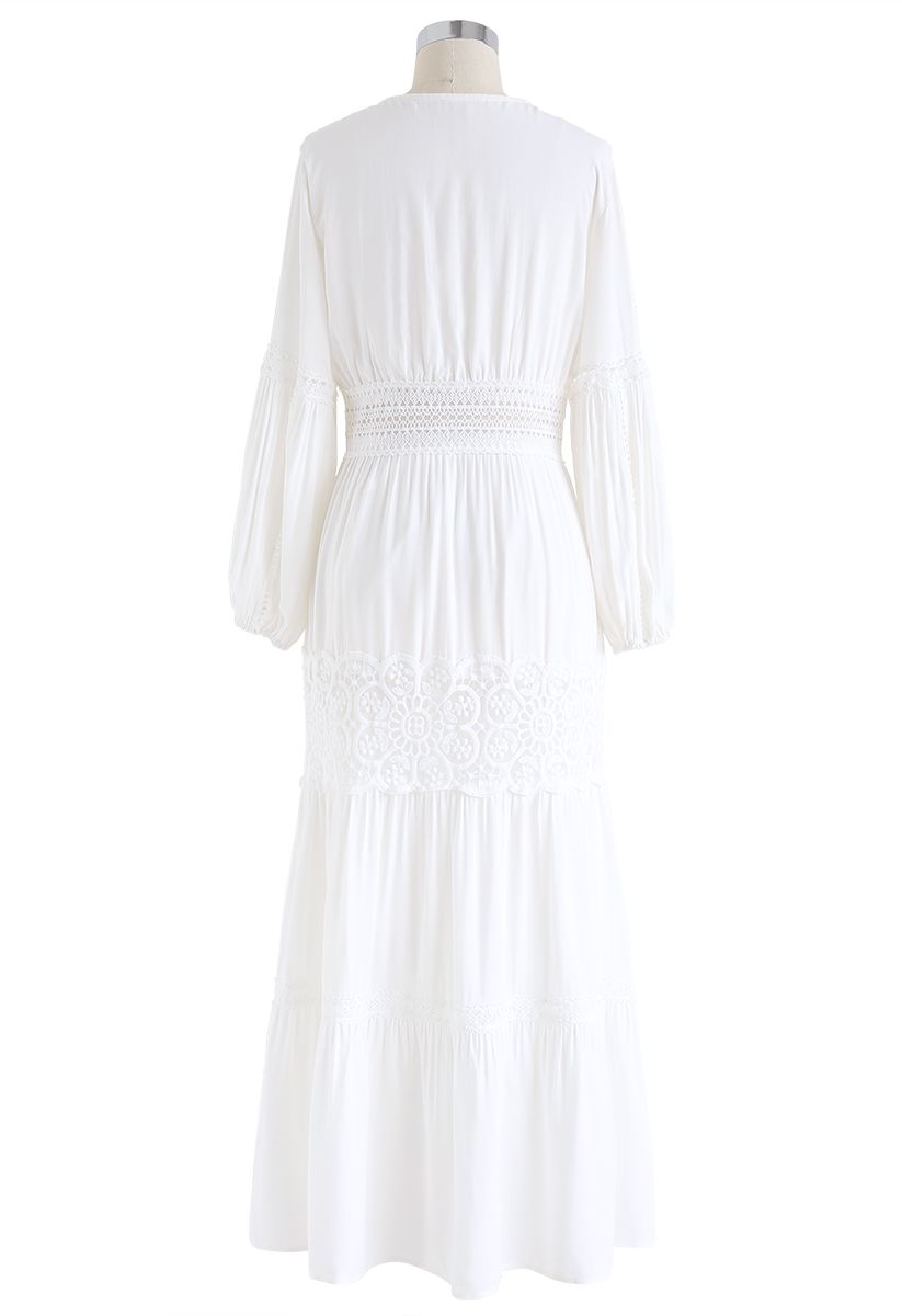 Button Down Crochet Embroidered Boho Maxi Dress in White