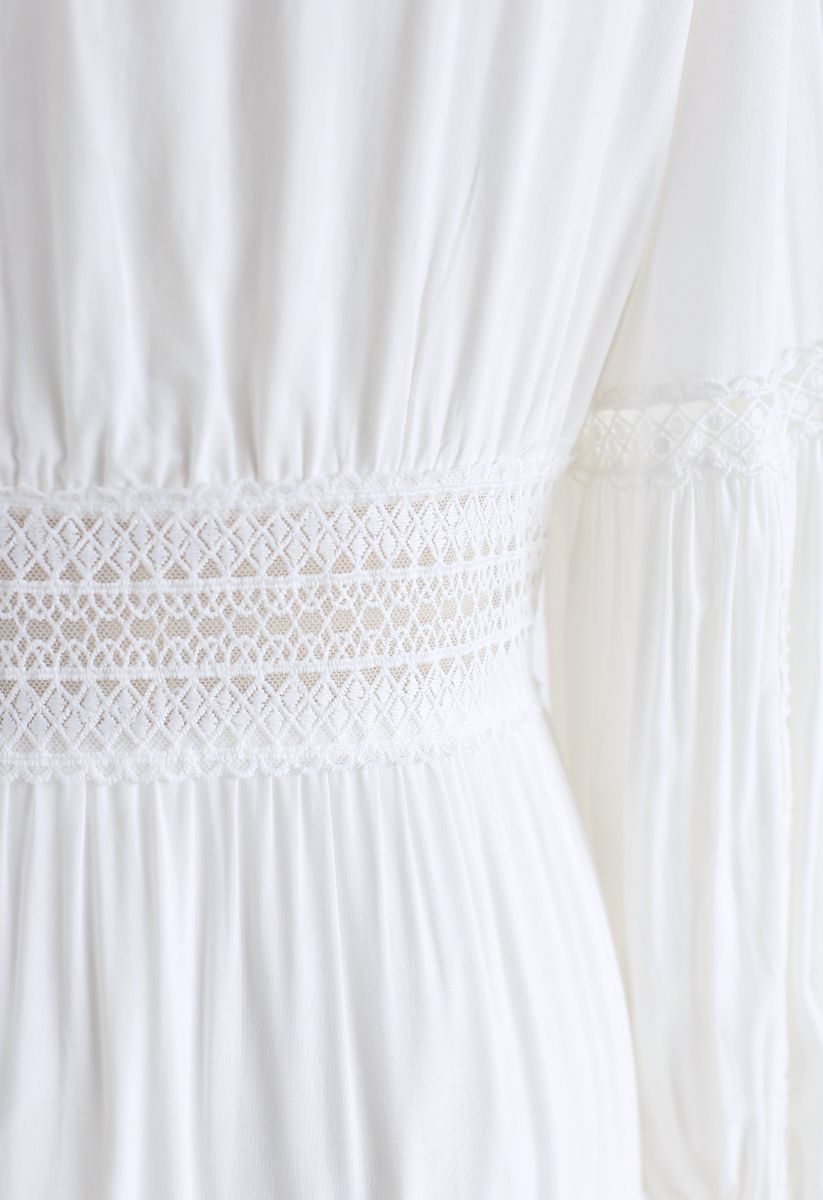 Button Down Crochet Embroidered Boho Maxi Dress in White