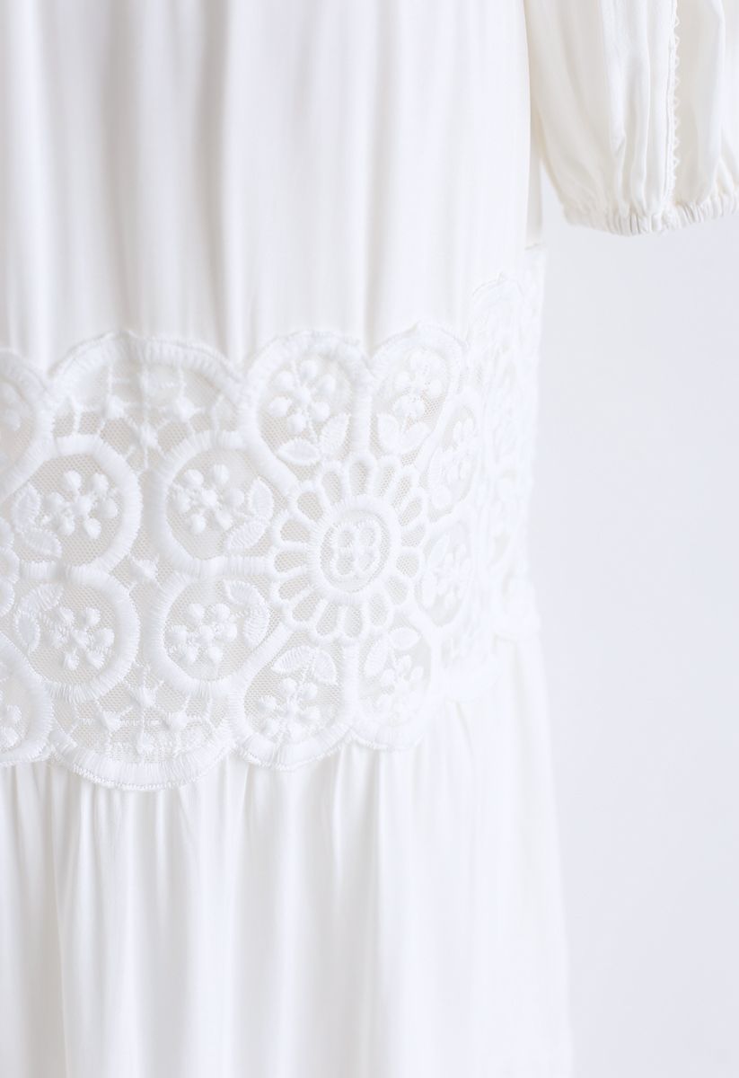Button Down Crochet Embroidered Boho Maxi Dress in White