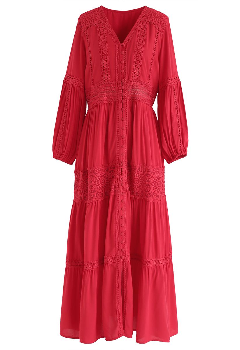 Button Down Crochet Embroidered Boho Maxi Dress in Red