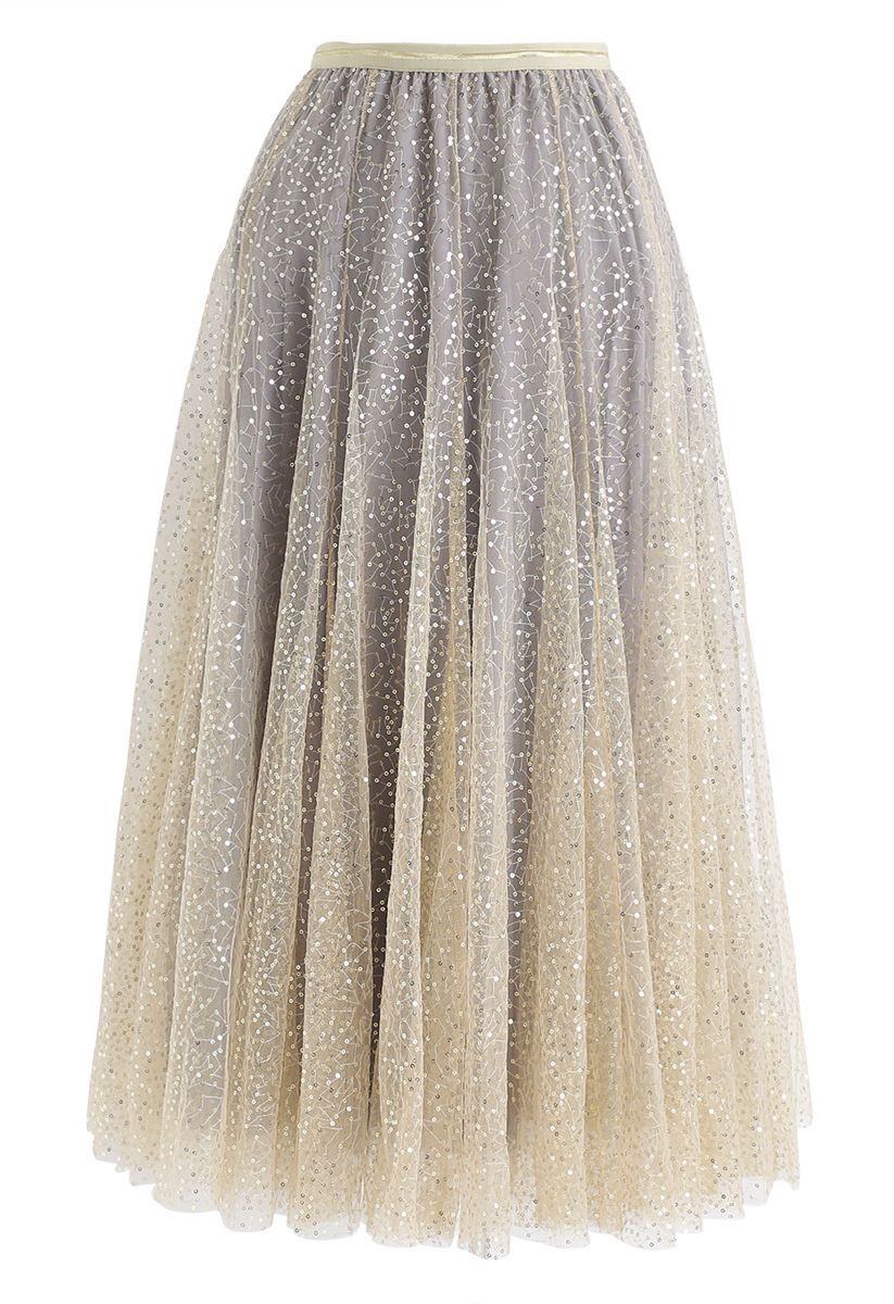 Shimmer Sequins Embroidered Mesh Tulle Pleated Skirt 