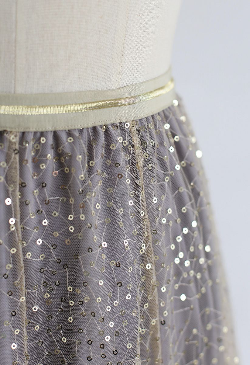 Shimmer Sequins Embroidered Mesh Tulle Pleated Skirt 