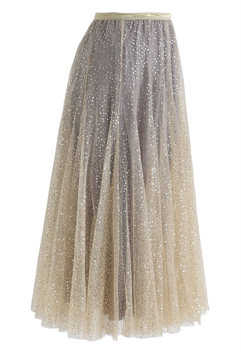 Shimmer Sequins Embroidered Mesh Tulle Pleated Skirt 