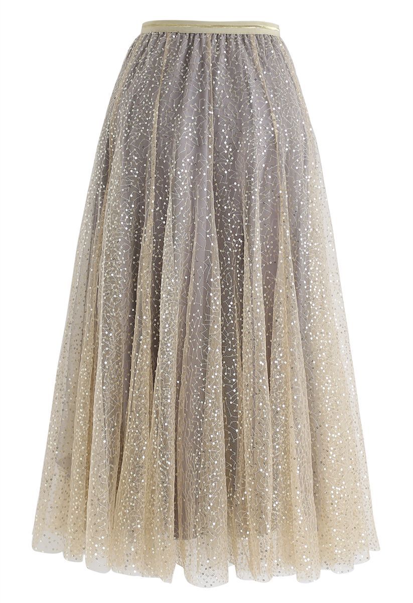 Shimmer Sequins Embroidered Mesh Tulle Pleated Skirt 
