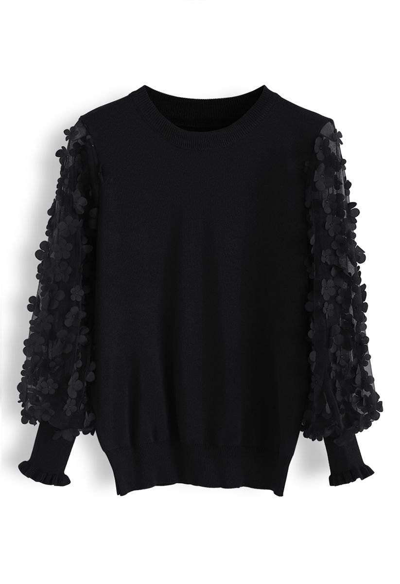 3D Flower Mesh Sleeves Knit Top in Black