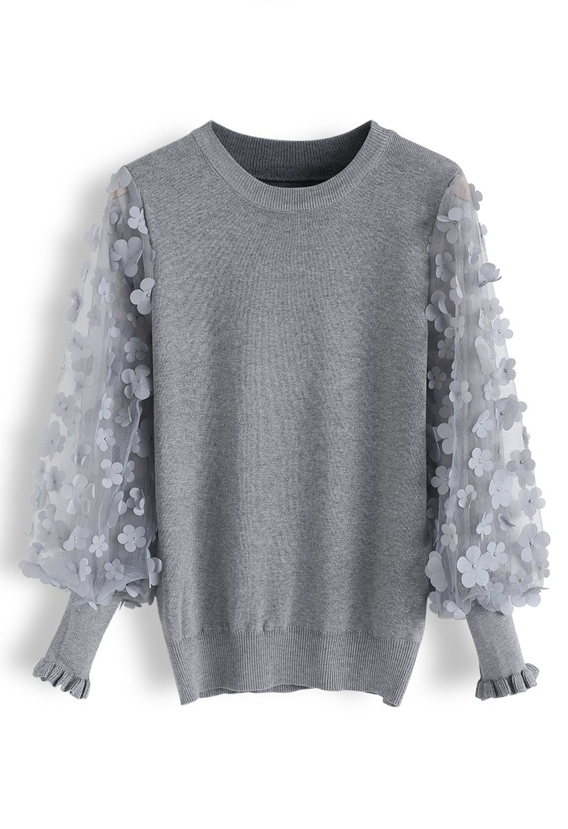 3D Flower Mesh Sleeves Knit Top in Grey