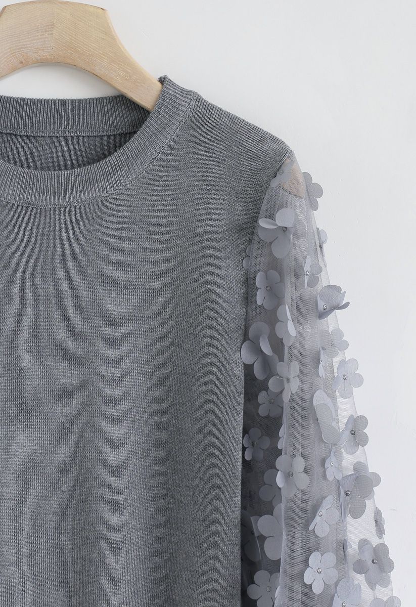3D Flower Mesh Sleeves Knit Top in Grey