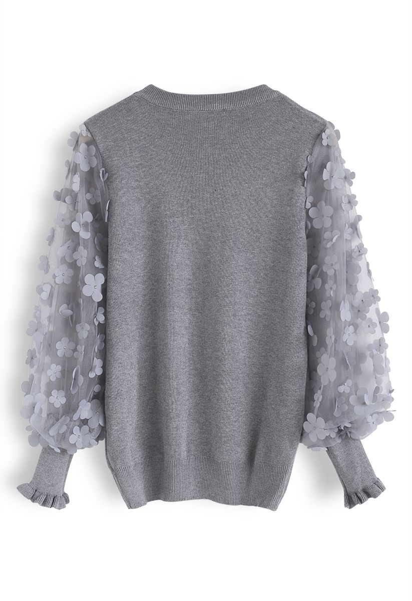 3D Flower Mesh Sleeves Knit Top in Grey