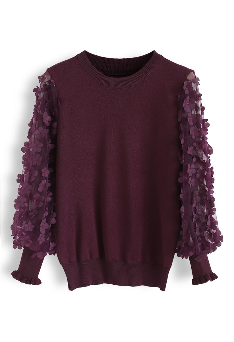 3D Flower Mesh Sleeves Knit Top in Wine