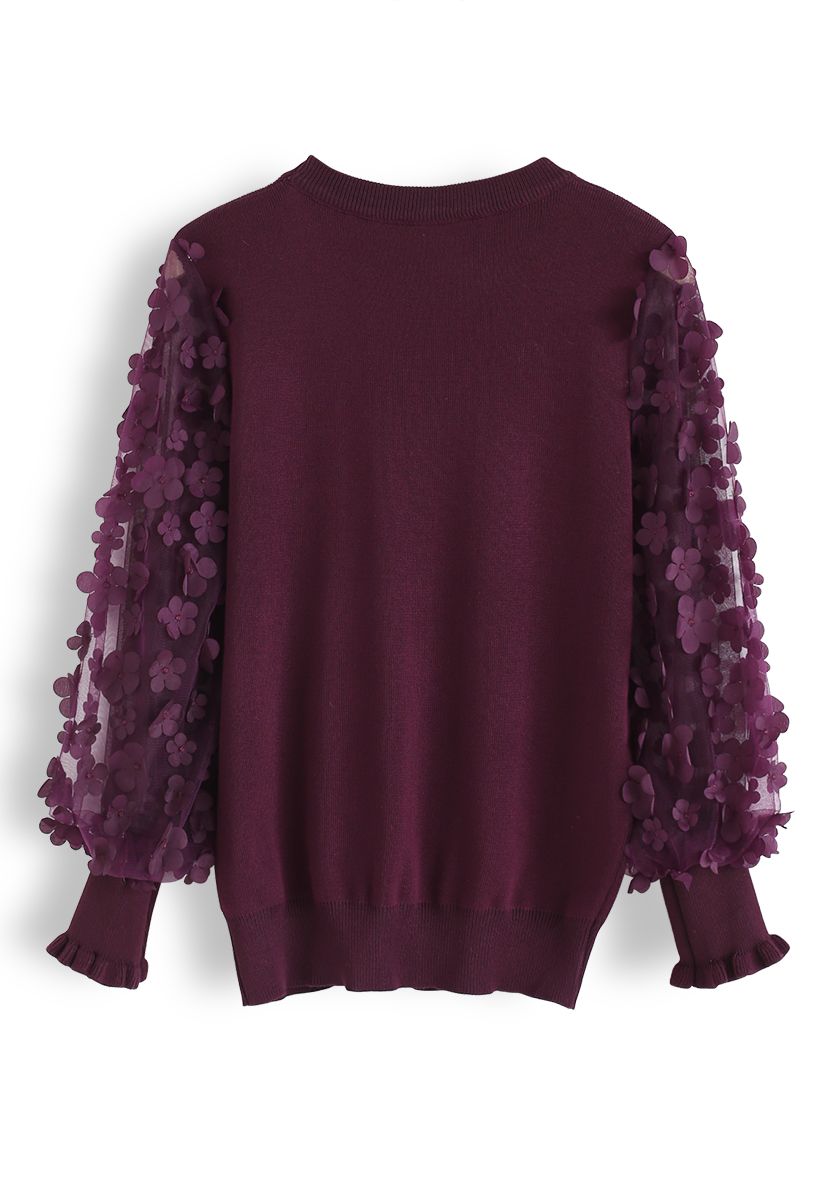 3D Flower Mesh Sleeves Knit Top in Wine