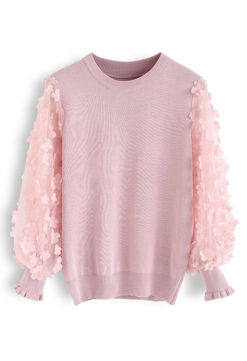 3D Flower Mesh Sleeves Knit Top in Pink