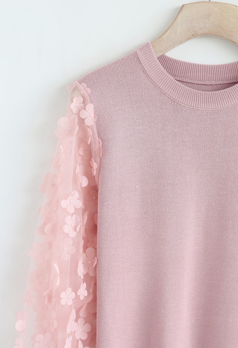 3D Flower Mesh Sleeves Knit Top in Pink