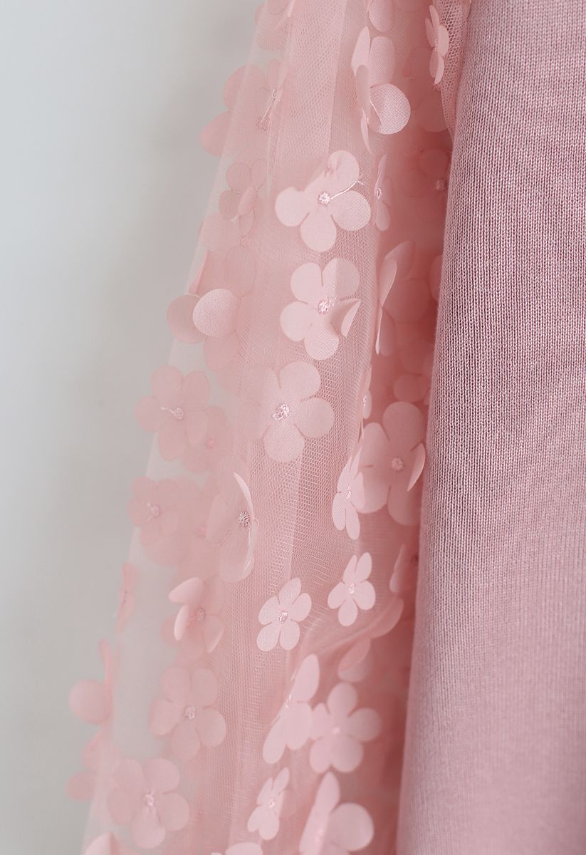 3D Flower Mesh Sleeves Knit Top in Pink