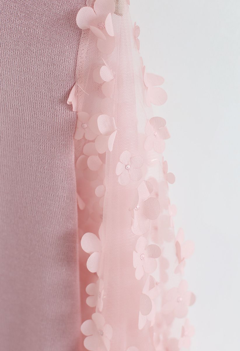 3D Flower Mesh Sleeves Knit Top in Pink