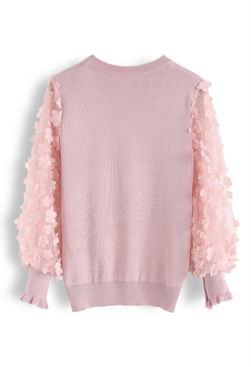 3D Flower Mesh Sleeves Knit Top in Pink