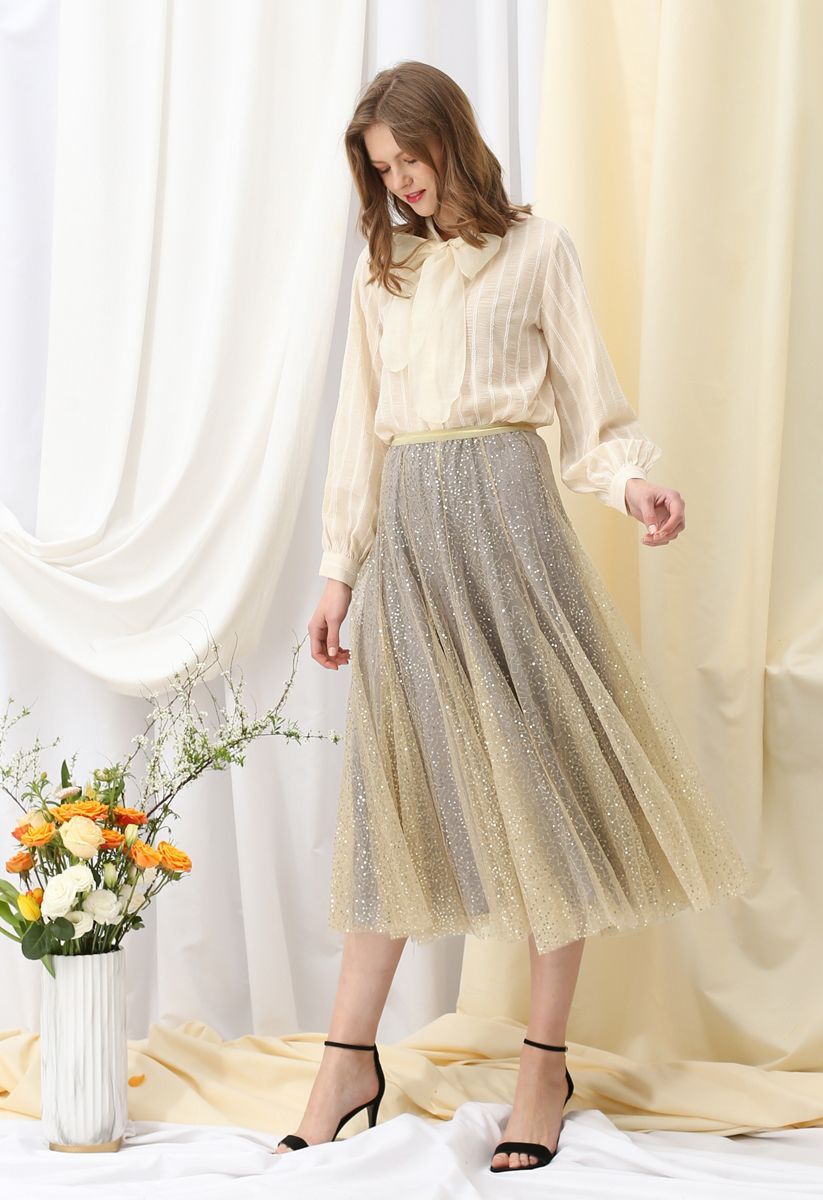 Shimmer Sequins Embroidered Mesh Tulle Pleated Skirt 