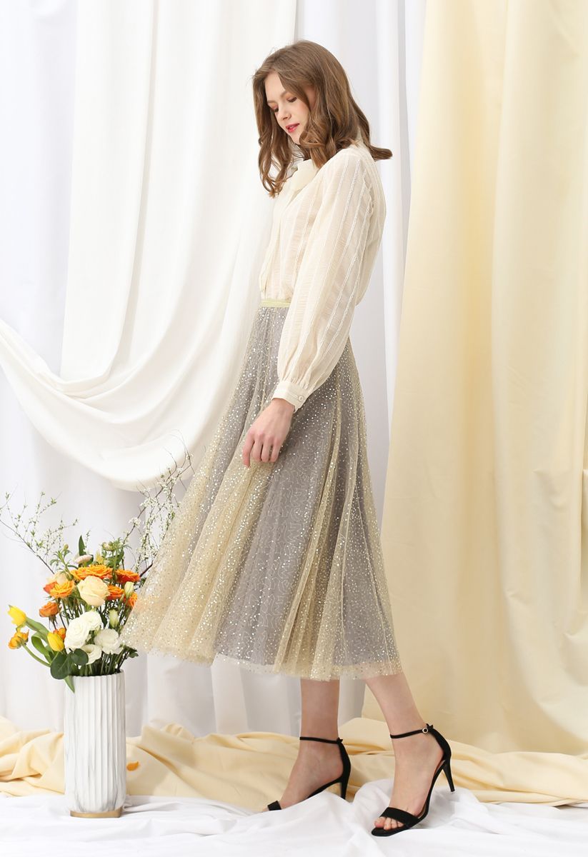Shimmer Sequins Embroidered Mesh Tulle Pleated Skirt 