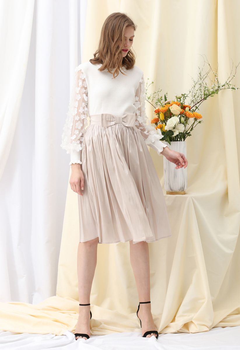 3D Flower Mesh Sleeves Knit Top in White
