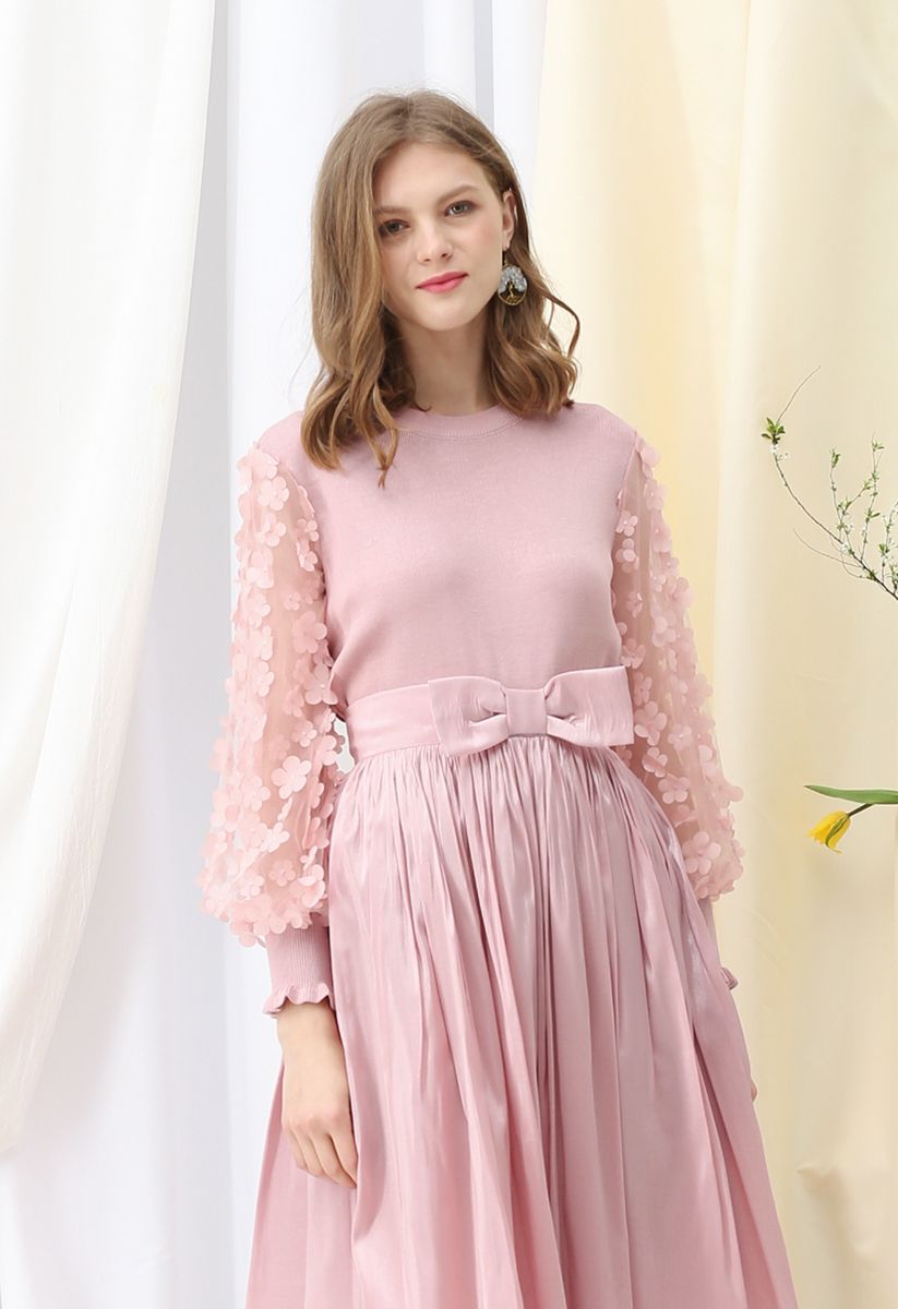 3D Flower Mesh Sleeves Knit Top in Pink