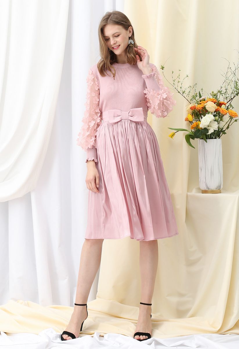 3D Flower Mesh Sleeves Knit Top in Pink