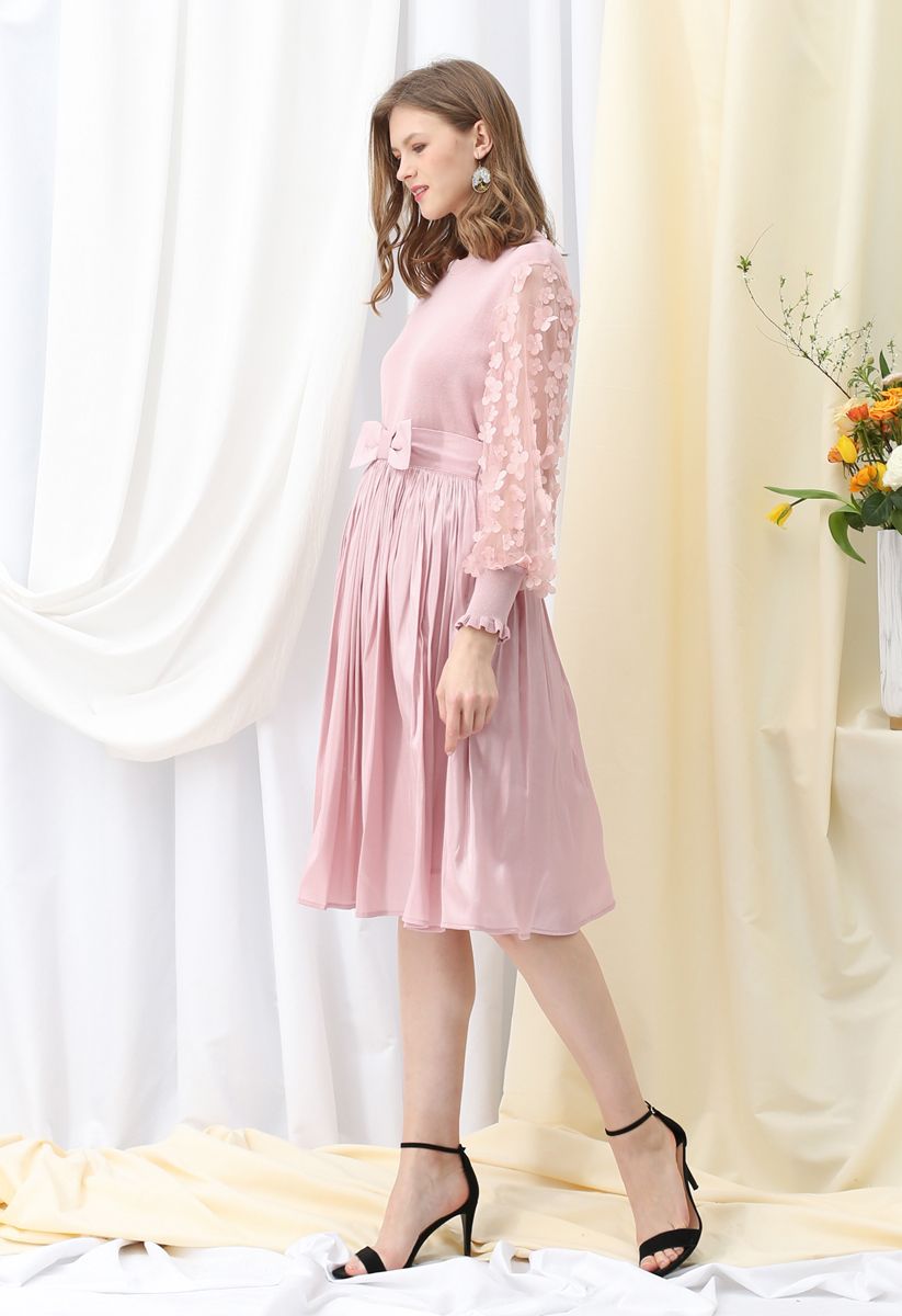 3D Flower Mesh Sleeves Knit Top in Pink