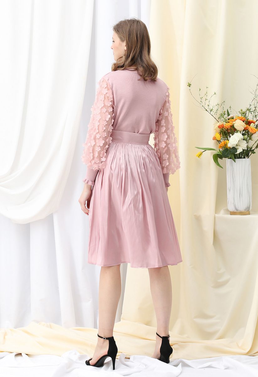 3D Flower Mesh Sleeves Knit Top in Pink