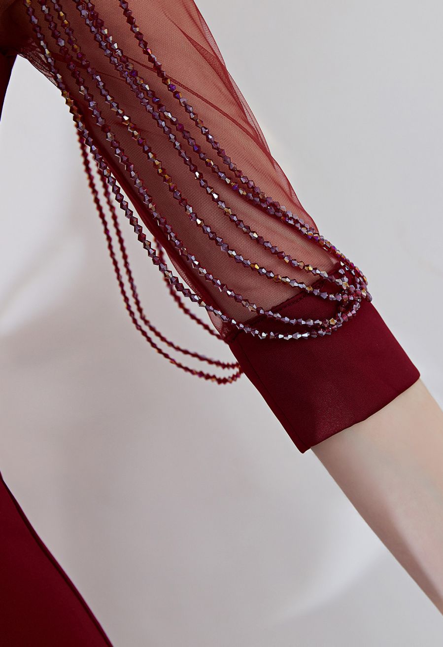 Draped Bead Mesh Sleeve Gown in Burgundy