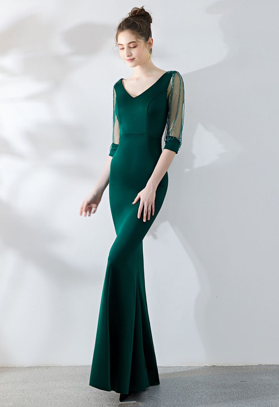 Draped Bead Mesh Sleeve Gown in Emerald