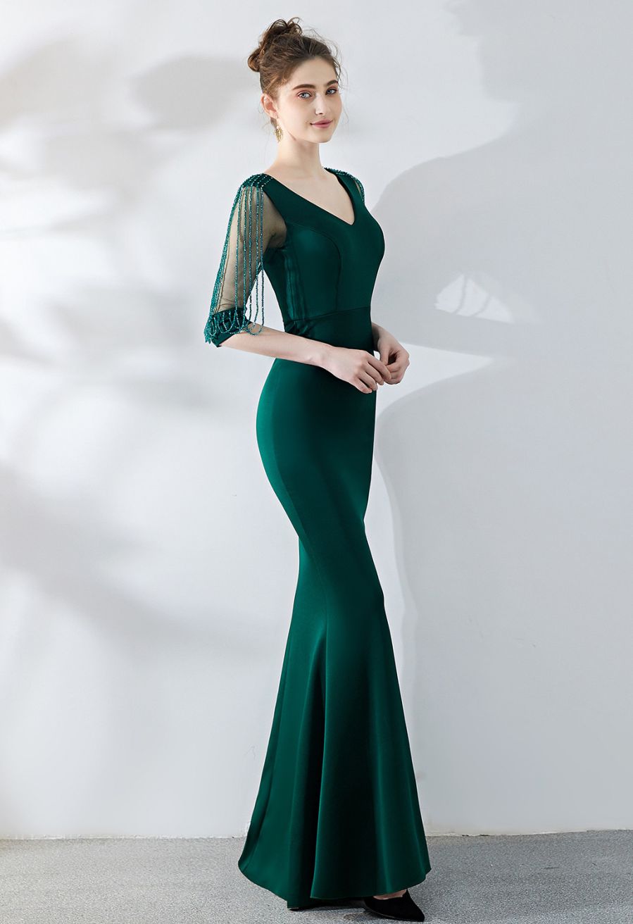Draped Bead Mesh Sleeve Gown in Emerald