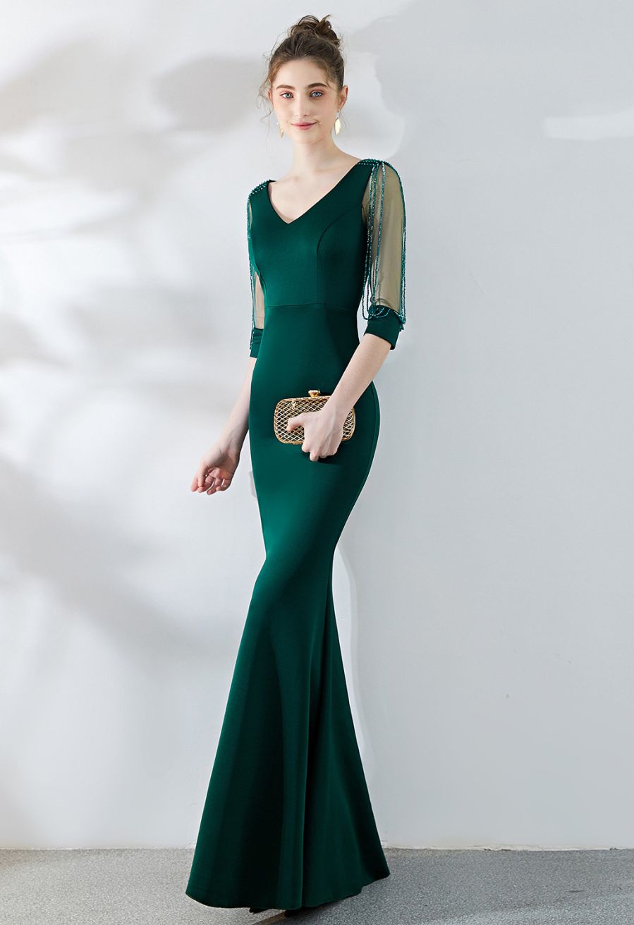Draped Bead Mesh Sleeve Gown in Emerald