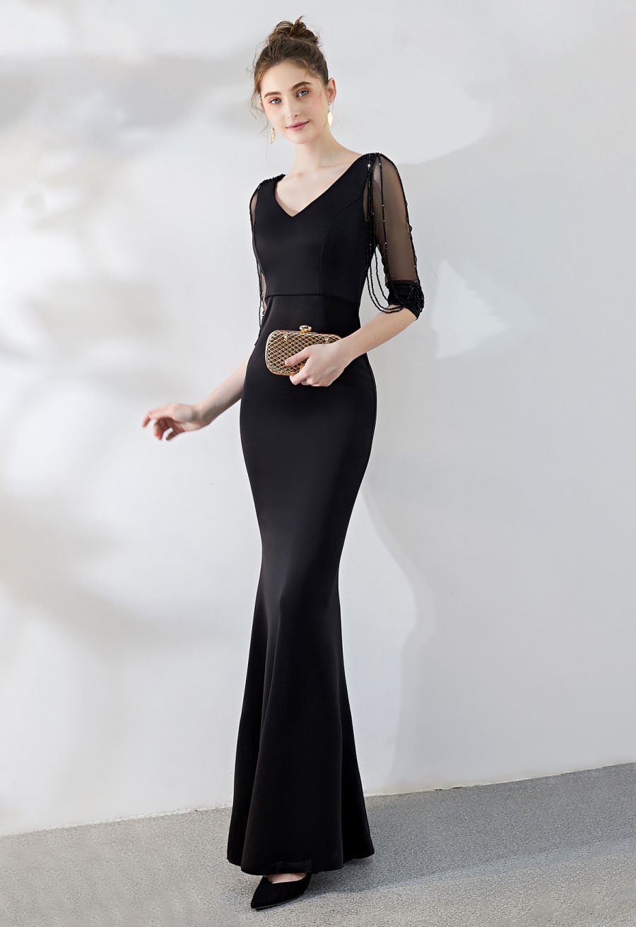 Draped Bead Mesh Sleeve Gown in Black