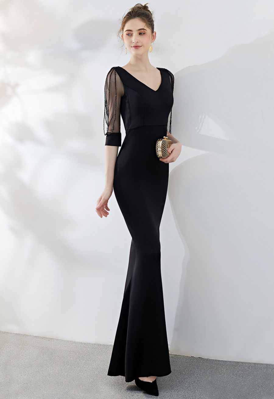 Draped Bead Mesh Sleeve Gown in Black
