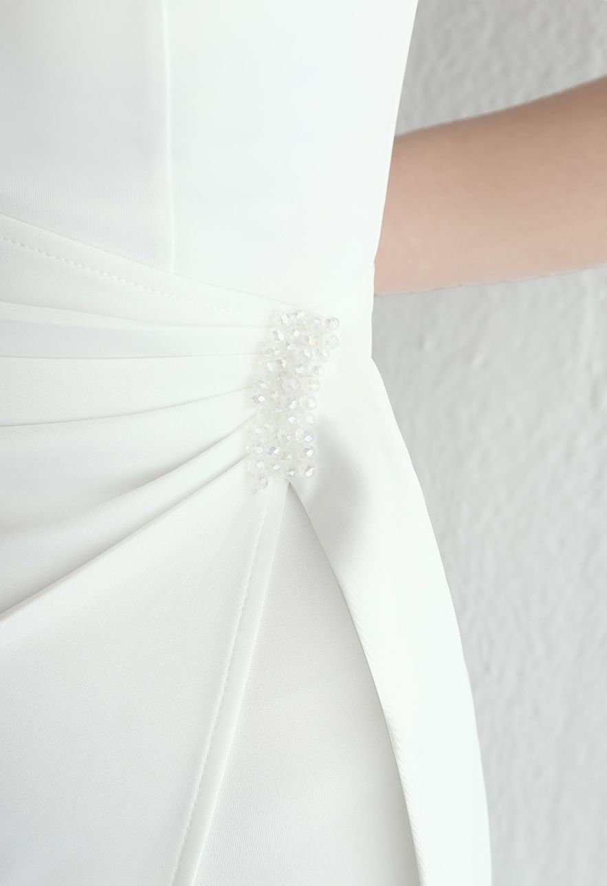 Ruched Waist High Slit Gown in White