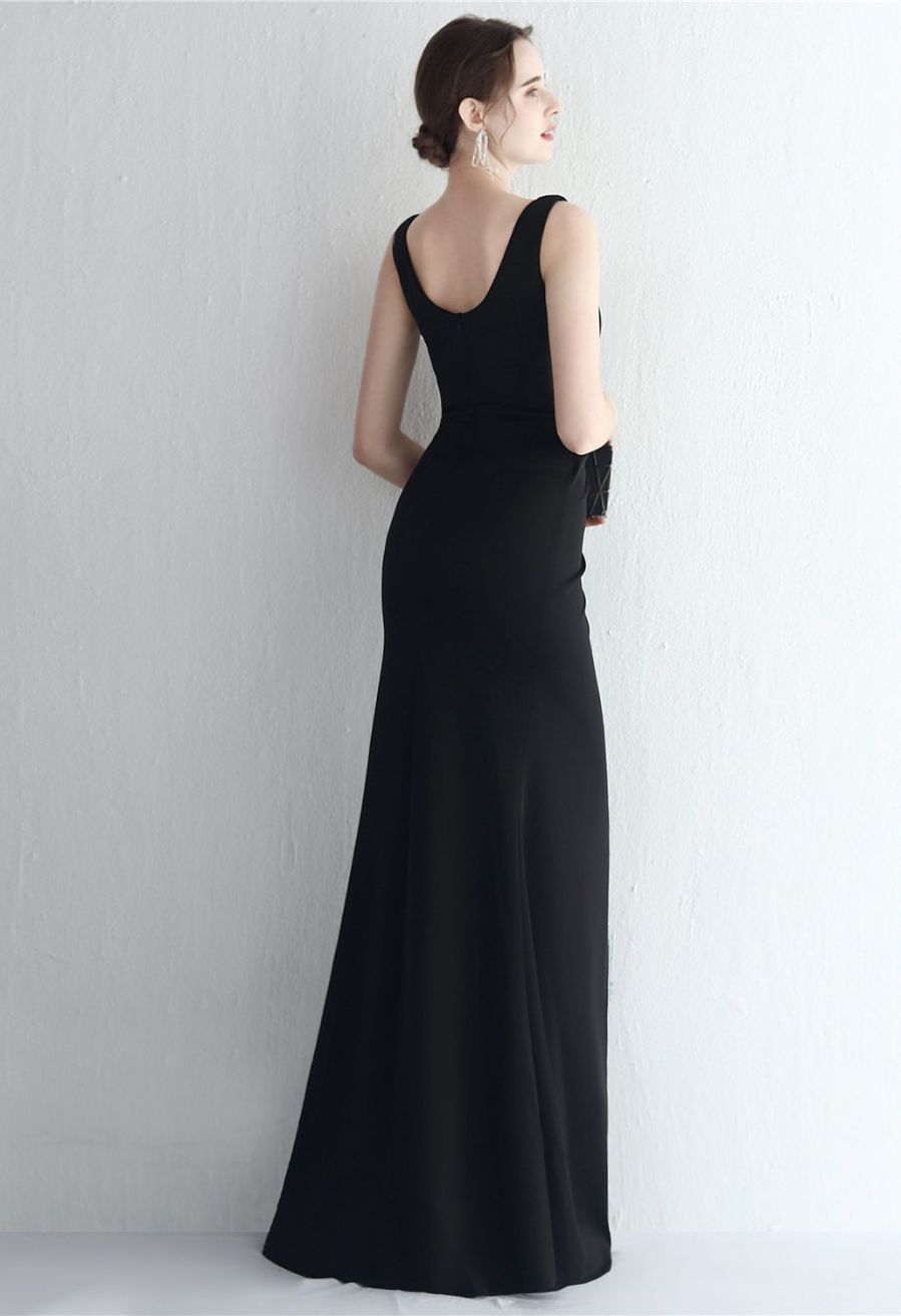 Ruched Waist High Slit Gown in Black