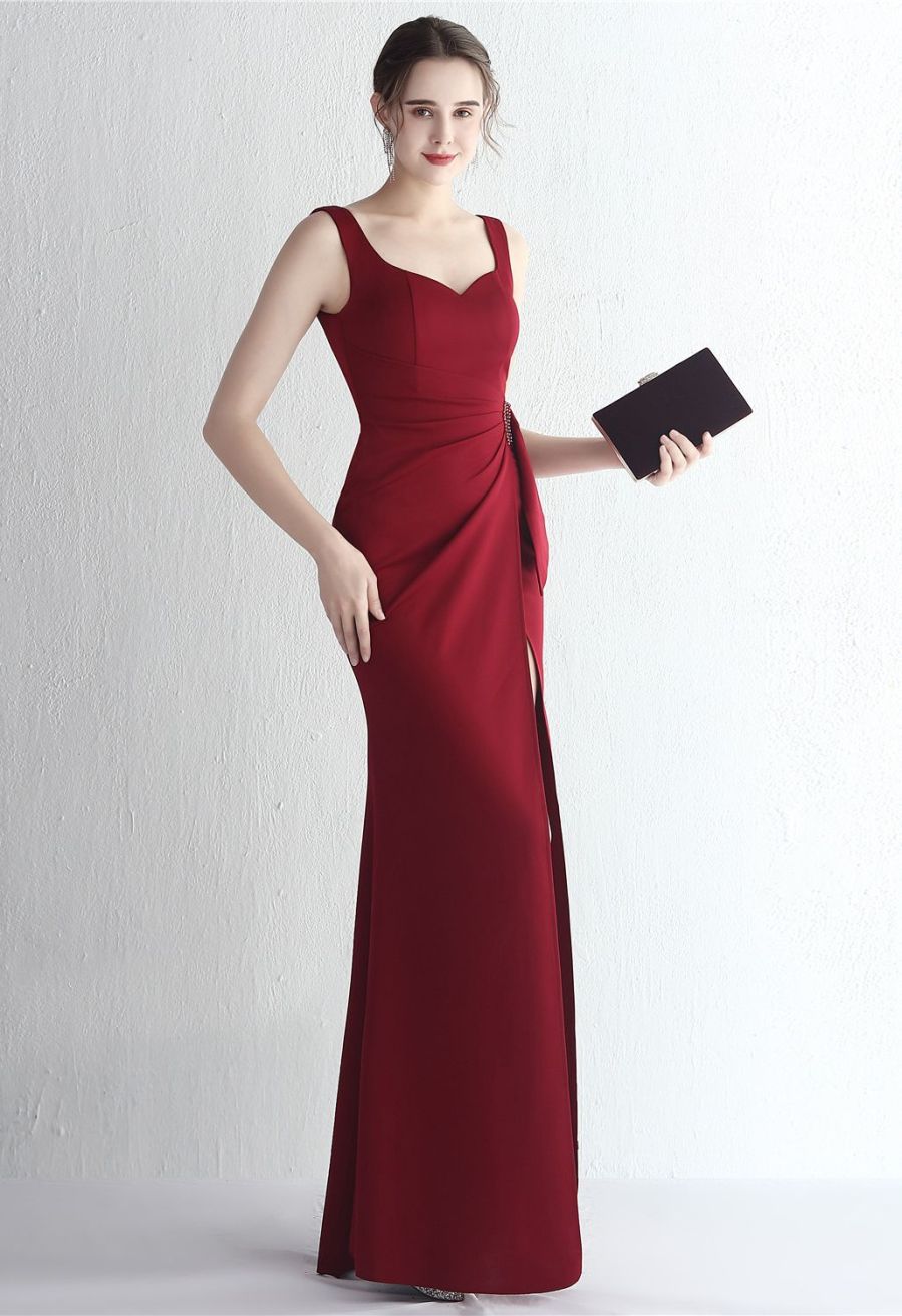 Ruched Waist High Slit Gown in Burgundy