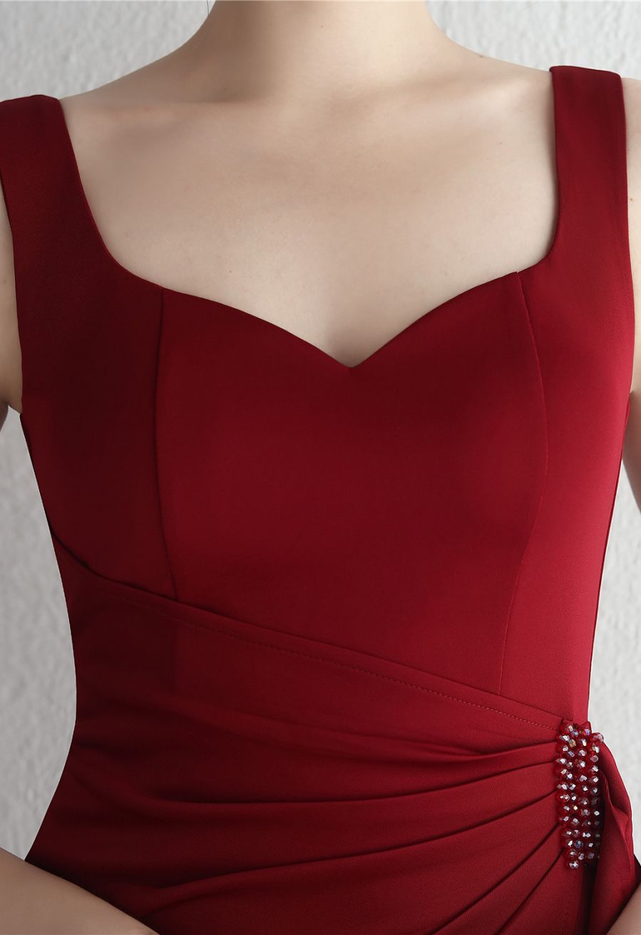 Ruched Waist High Slit Gown in Burgundy