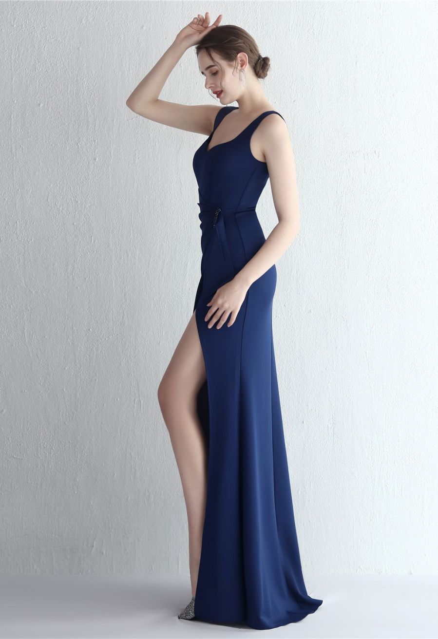 Ruched Waist High Slit Gown in Navy