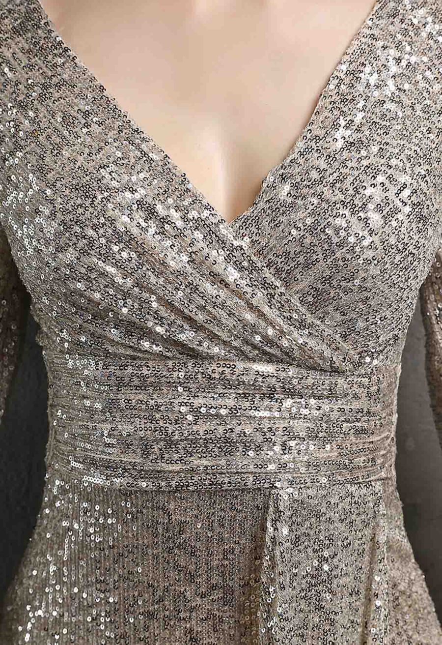 Shimmer Sequin Ruffle Wrap Dress in Silver