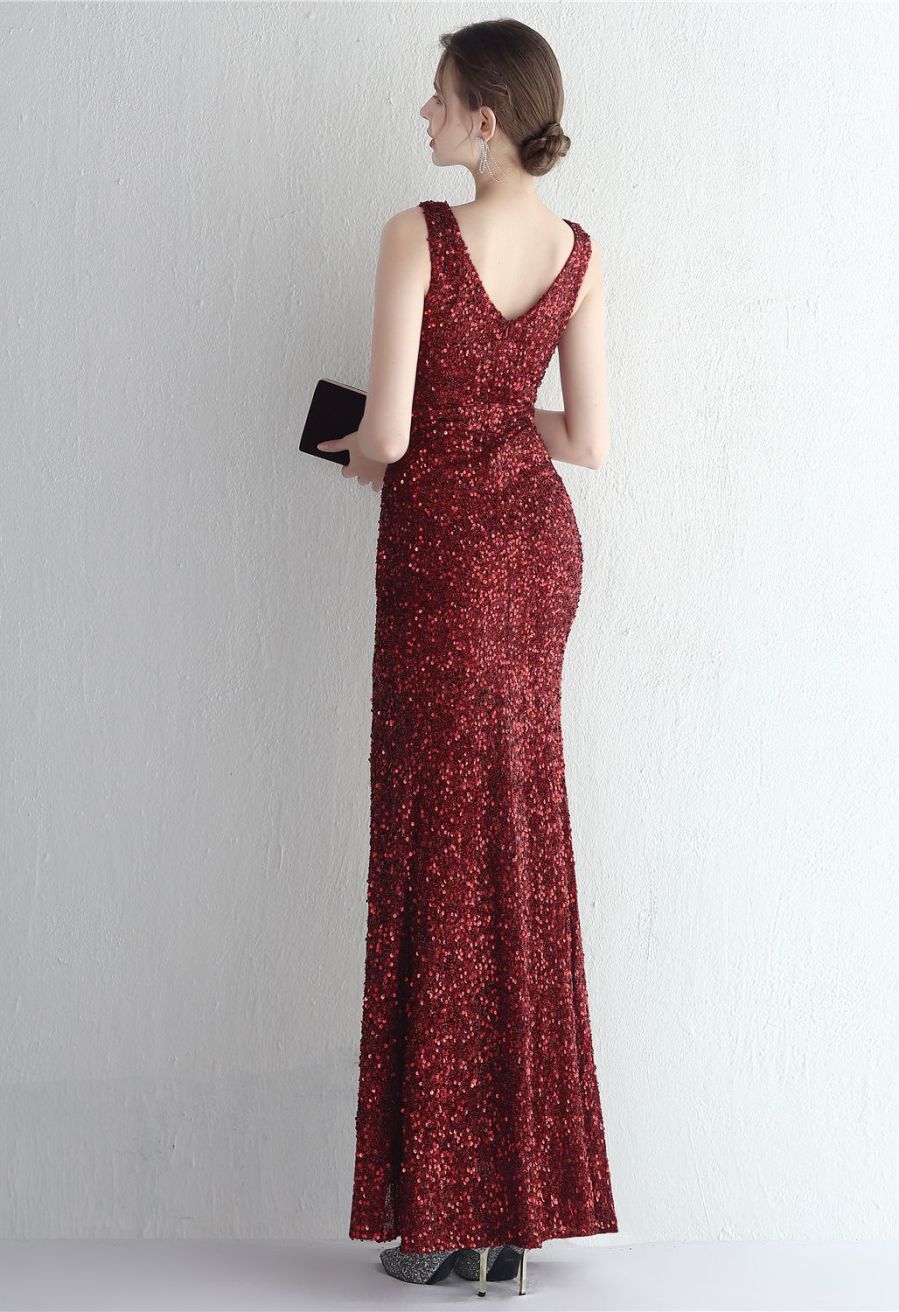 Glittering Sequin V-Neck Slit Gown in Burgundy