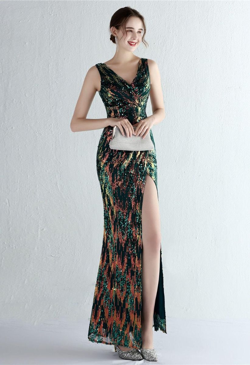 Multi-Color Sequins V-Neck High Slit Gown in Emerald