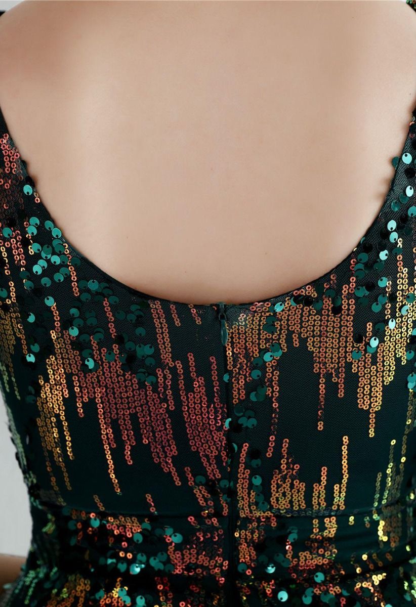 Multi-Color Sequins V-Neck High Slit Gown in Emerald