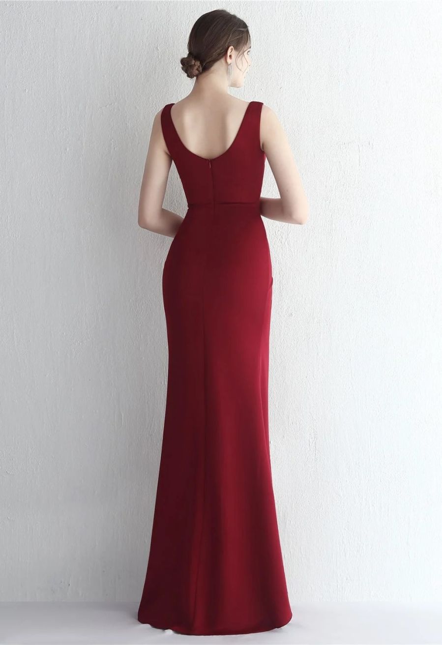 Ruched Waist High Slit Gown in Burgundy