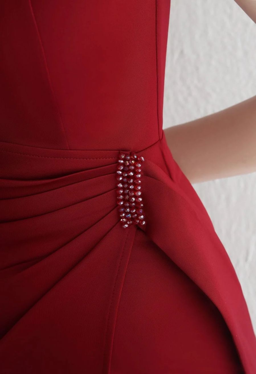 Ruched Waist High Slit Gown in Burgundy