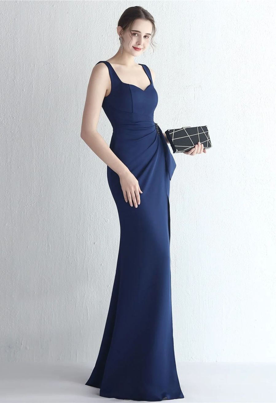 Ruched Waist High Slit Gown in Navy