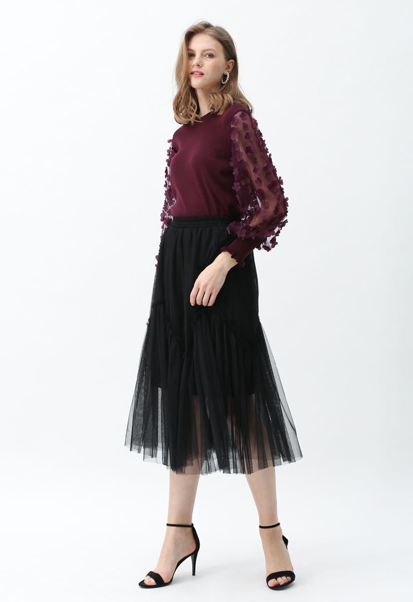 3D Flower Mesh Sleeves Knit Top in Wine