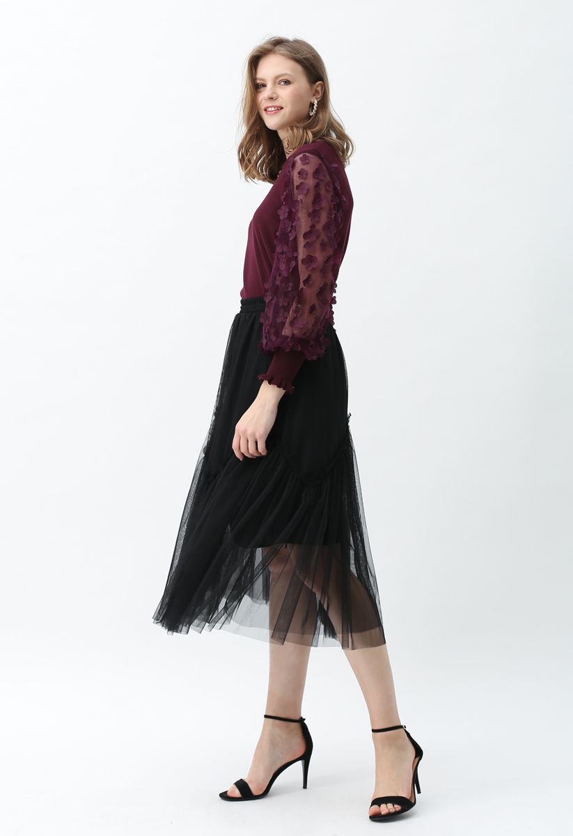 3D Flower Mesh Sleeves Knit Top in Wine